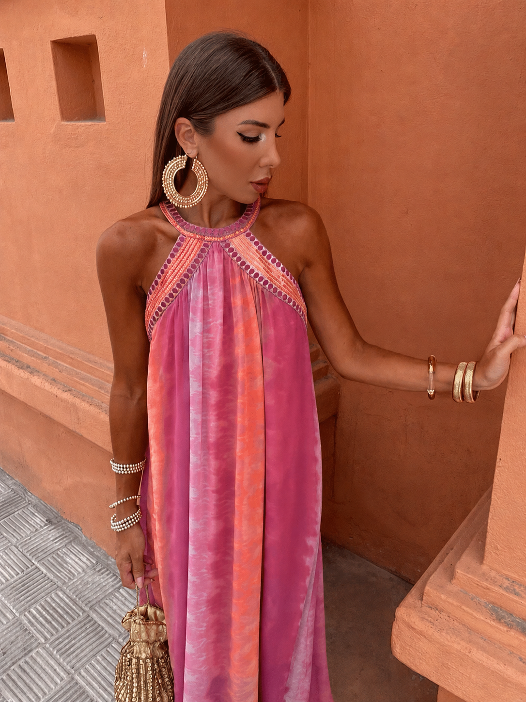 pink halter neck wedding guest dress Alvina | Maxi for Women Embroidered African Suit